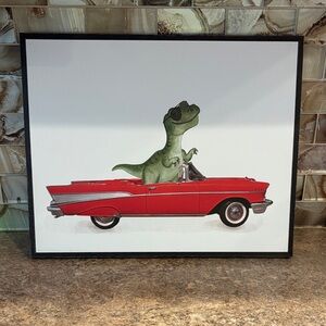 Dinosaur in Red Car Art Print